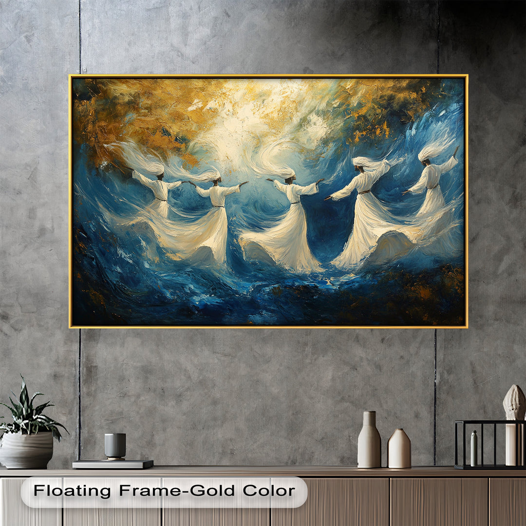 An ethereal painting of whirling dervishes in flowing white robes, spinning gracefully through swirling waves of blue and gold light.