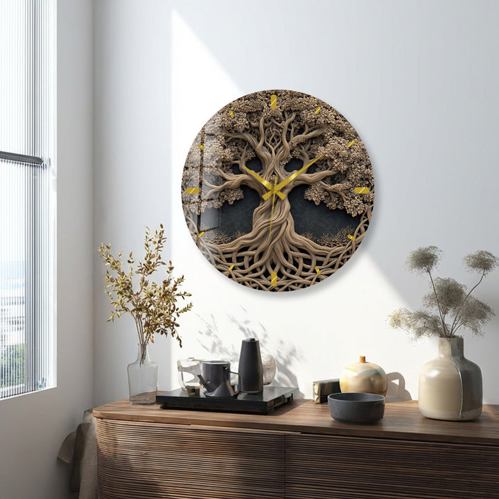 Baum des Lebens Glas-Wanduhr – Rustikale geschnitzte Holzoptik