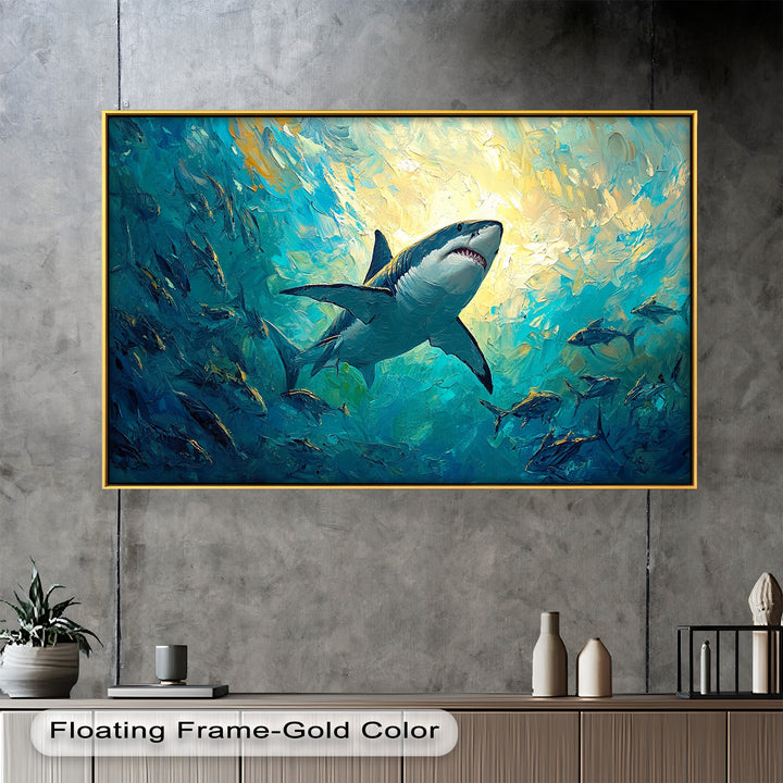 Great White Shark in Sunlit Ocean Depths – Animal Oil Painting