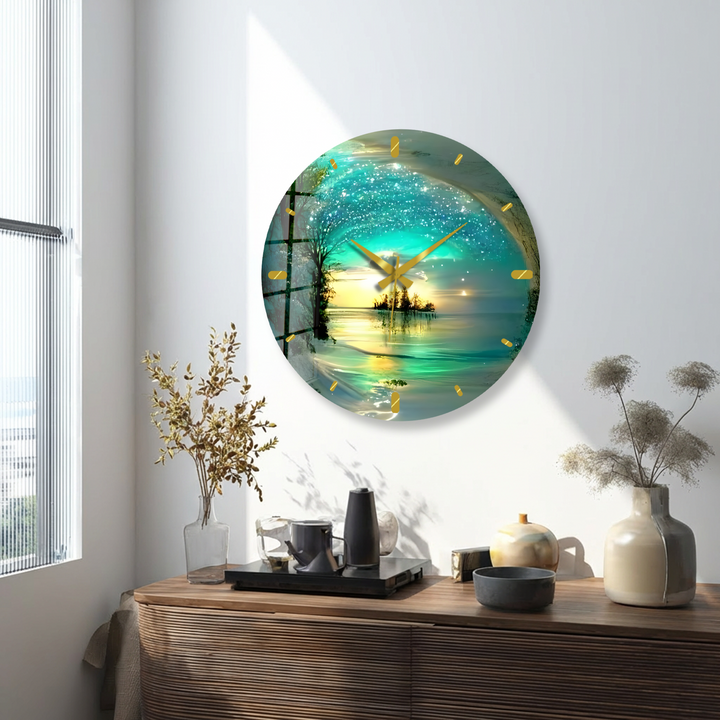 Enchanted Lake Glass Wall Clock – Turquoise Fantasy Landscape