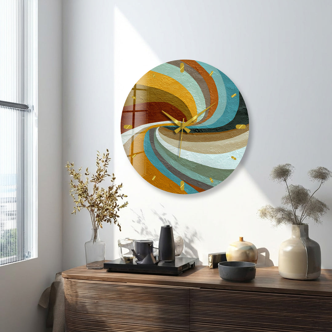 Retro Wave Glass Wall Clock – Teal and Mustard Abstract Decor