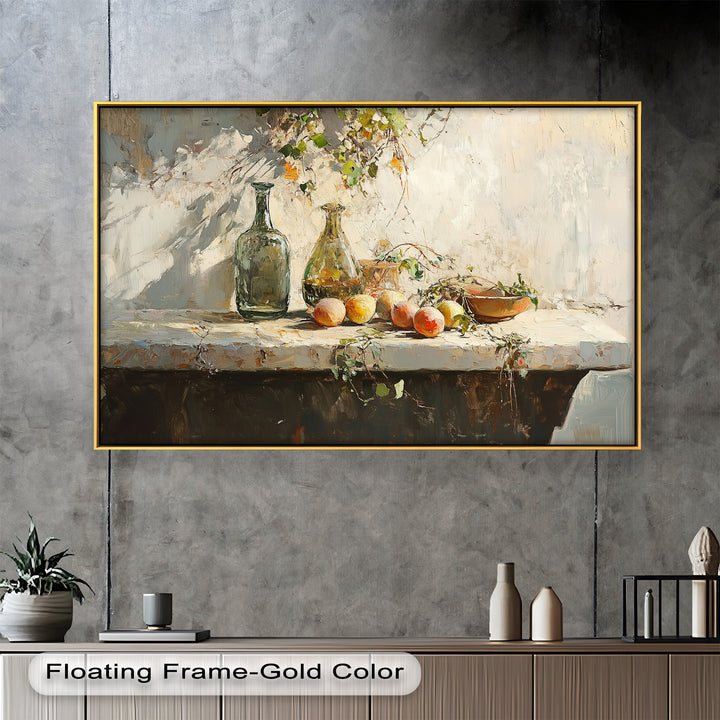 The harmonious composition of fruits, glass bottles, and creeping vines gives this painting a timeless, rustic charm, perfect for a countryside-inspired home.

