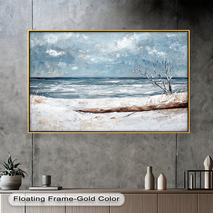 Snowy Coastal Wall Art - Winter Beach Seascape Oil Painting