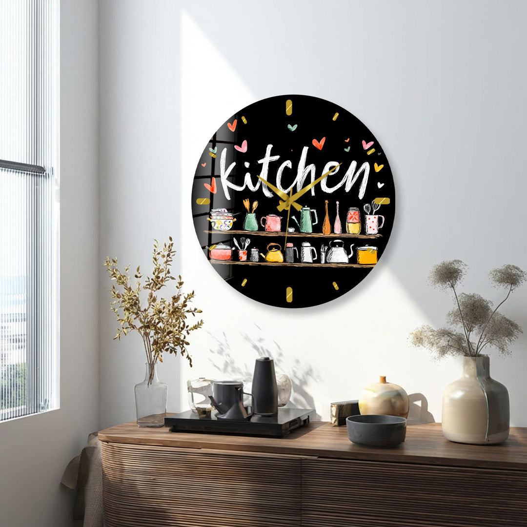 Cute Kitchen Glass Wall Clock – Colorful Cooking Utensils Decor