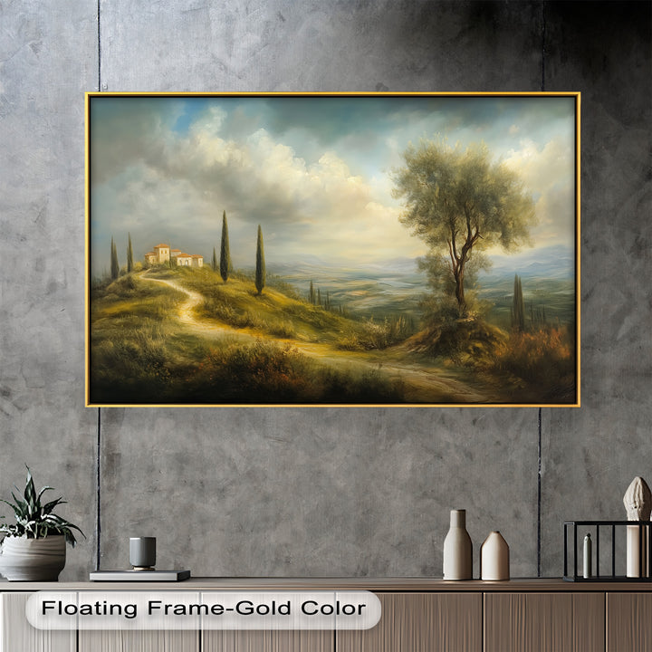 An idyllic pastoral setting with a single tall tree, vibrant fields, and a distant home nestled among hills and clouds.