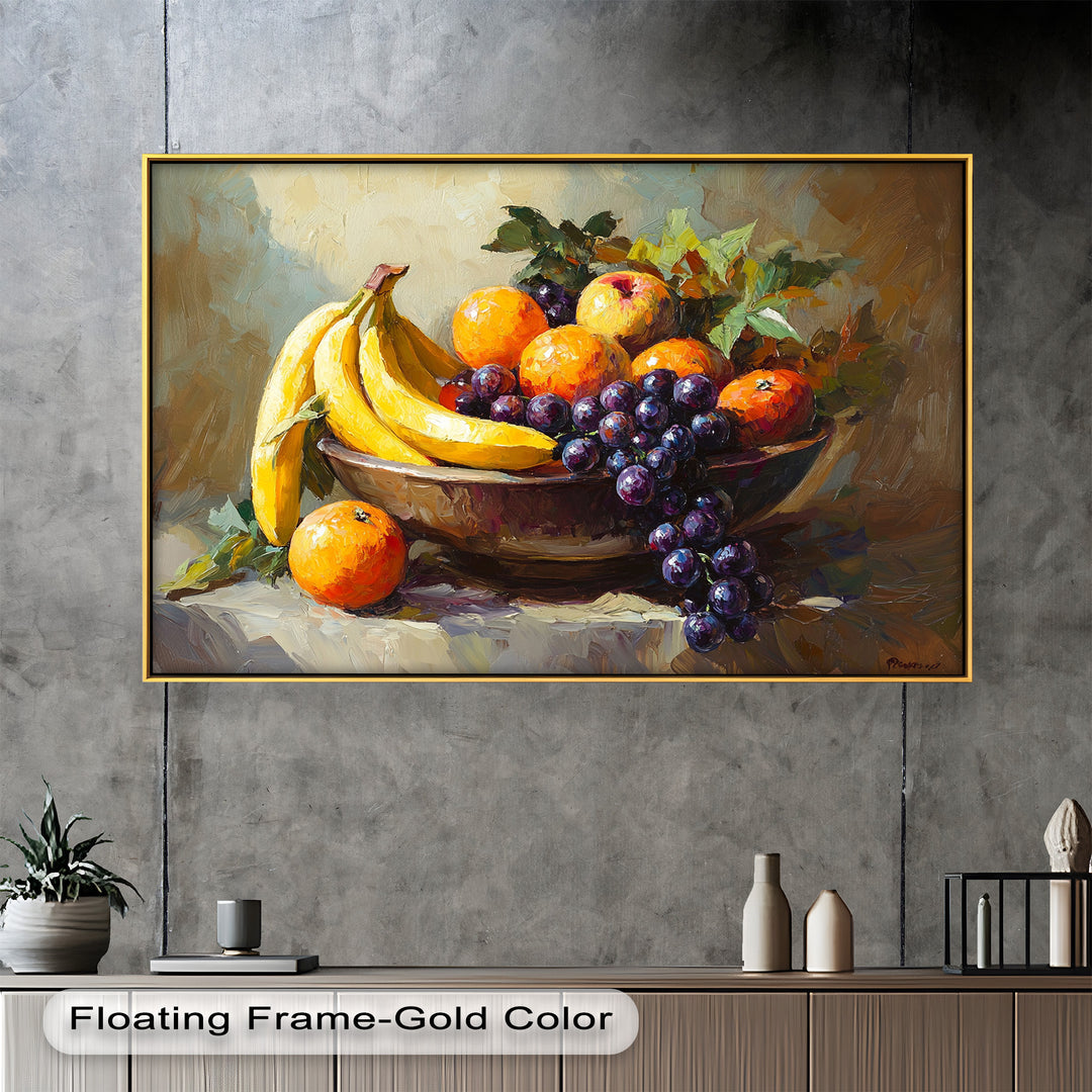 This vibrant still life painting showcases a bowl overflowing with bananas, oranges, grapes, and apples, capturing the freshness and abundance of nature.

