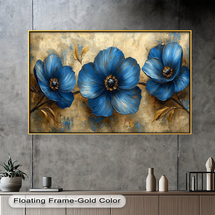 Golden Beige Elegance – Royal Blue Floral Trio Flower Oil Painting