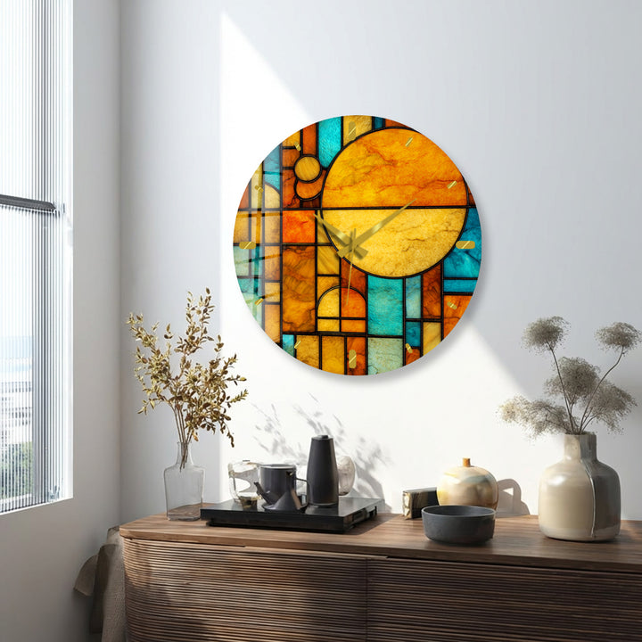 Orangefarbene und blaugrüne Glaswanduhr – geometrische Retro-Sonnenkunst