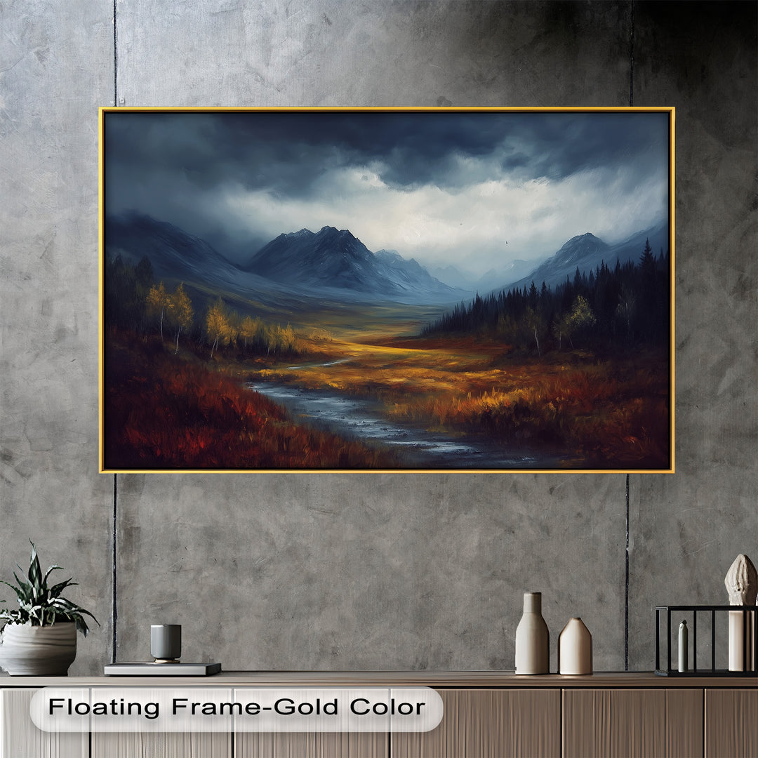 A dramatic mountain landscape under stormy skies, with a glowing patch of sunlight illuminating the golden valley below
