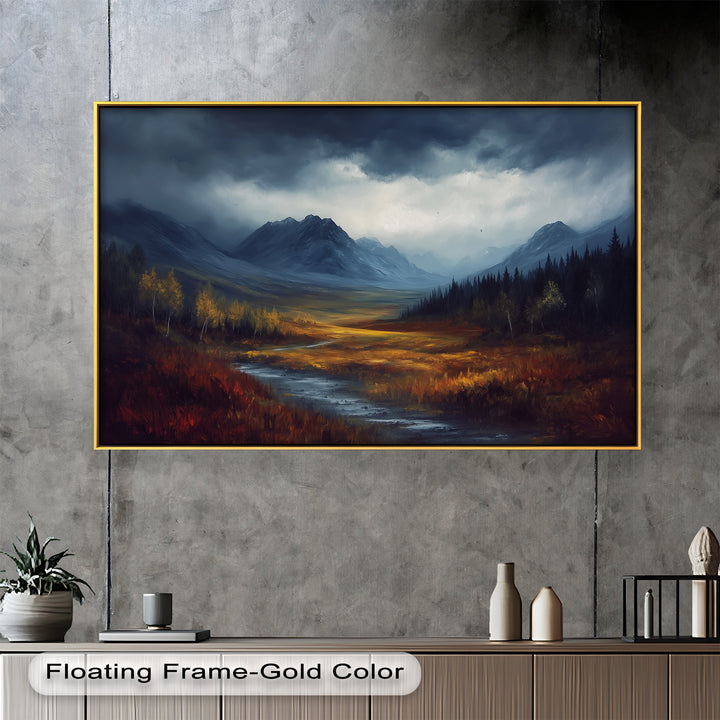 A dramatic mountain landscape under stormy skies, with a glowing patch of sunlight illuminating the golden valley below