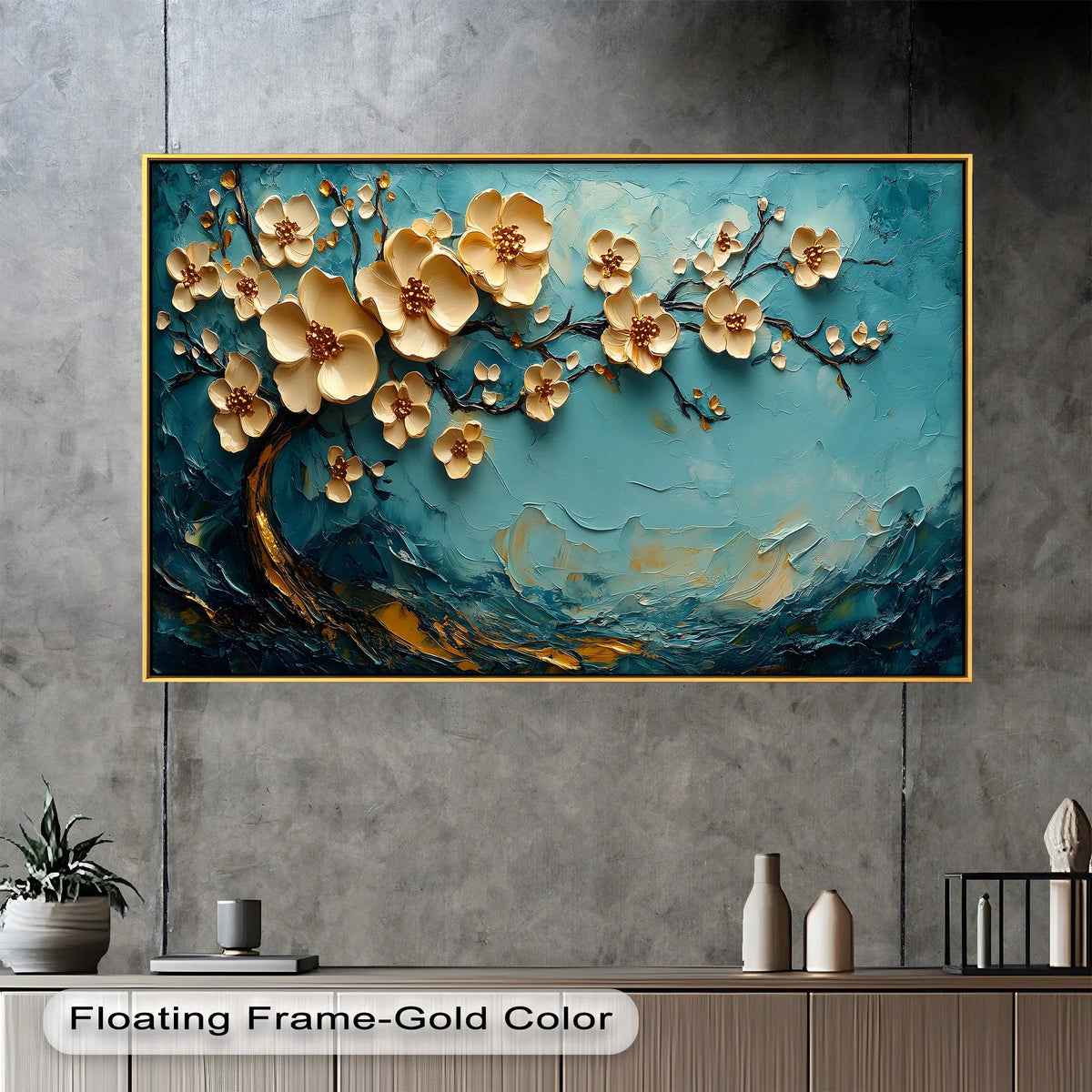 A gradual shift from gold to teal highlights the raised texture in this modern oil painting art, showing a blooming tree in a botanical scene.