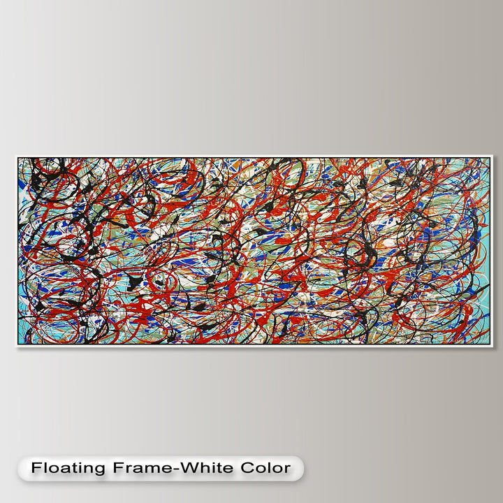 A large-scale abstract composition with an explosion of tangled lines and splashes of color, reminiscent of Pollock’s drip technique.