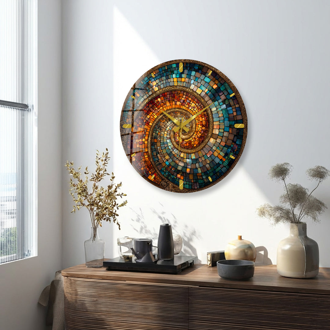 Spiralmosaik-Glaswanduhr – abstrakte Kunst in Blaugrün und Kupfer