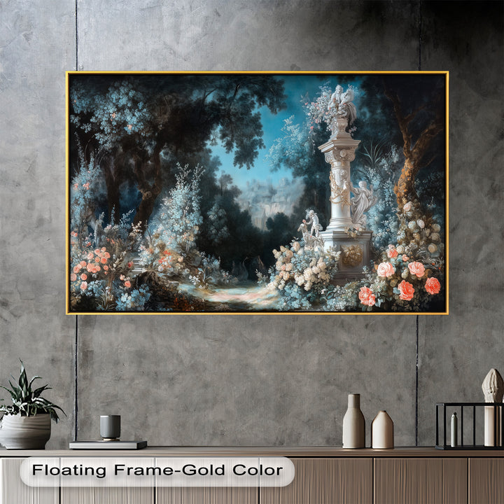Moonlit Garden with Classical Column – Romantic Rococo Oil Painting