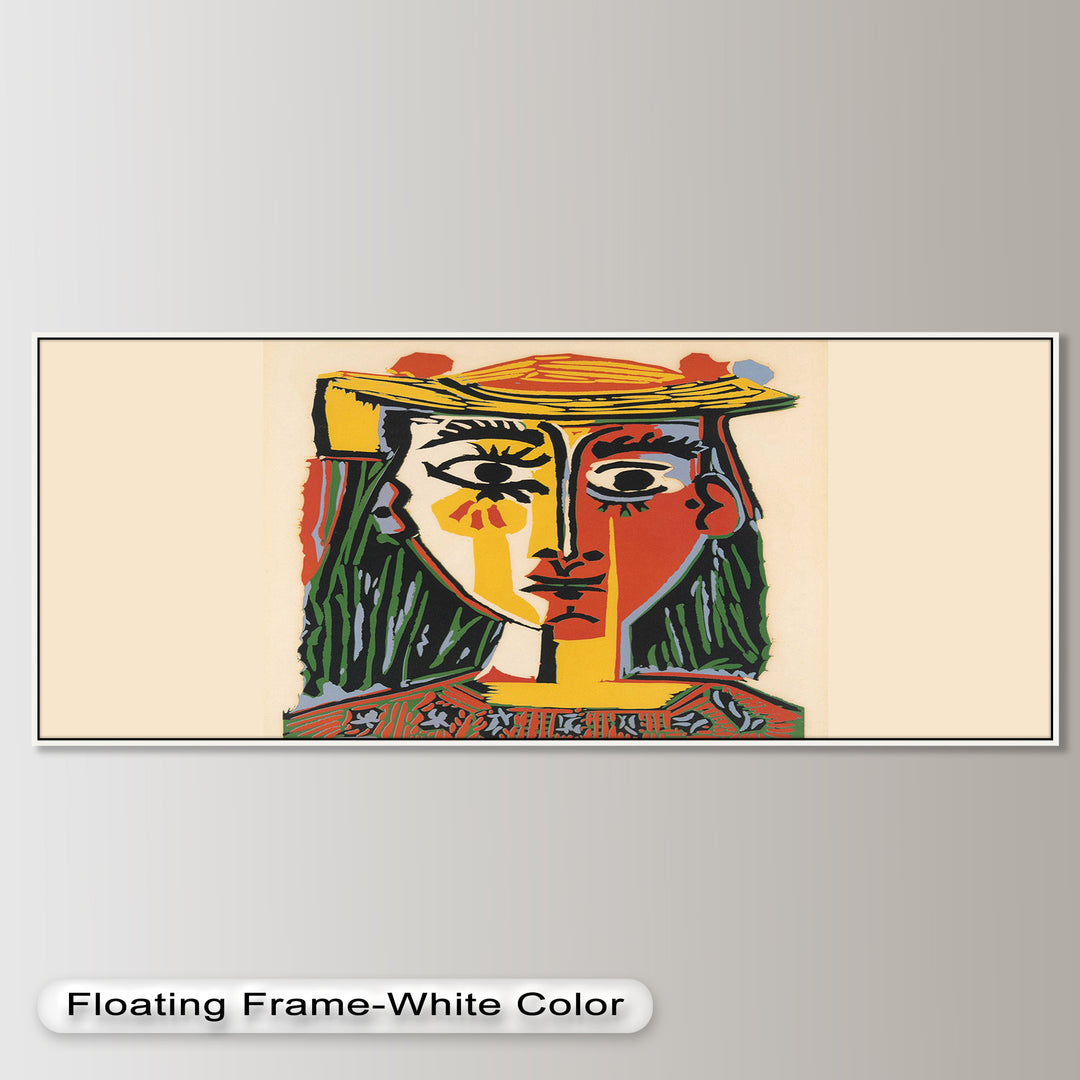 An abstract female face with asymmetrical eyes and strong lines, set against a warm neutral background.