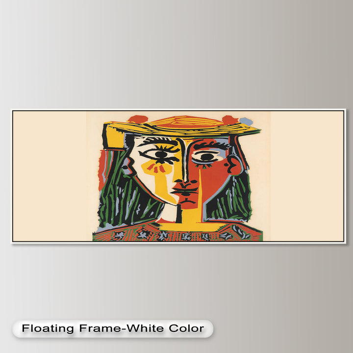 An abstract female face with asymmetrical eyes and strong lines, set against a warm neutral background.