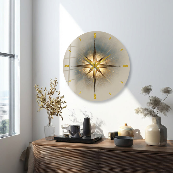 Gold Compass Rose Glass Wall Clock – Elegant Nautical Decor