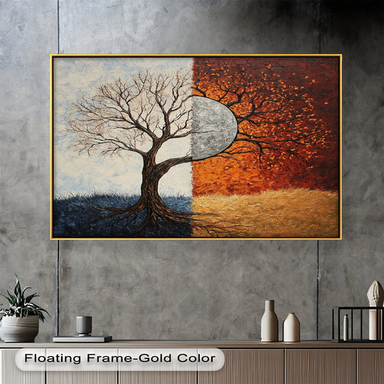 Surreal tree painting with contrasting seasons and luminous moon centerpiece.
