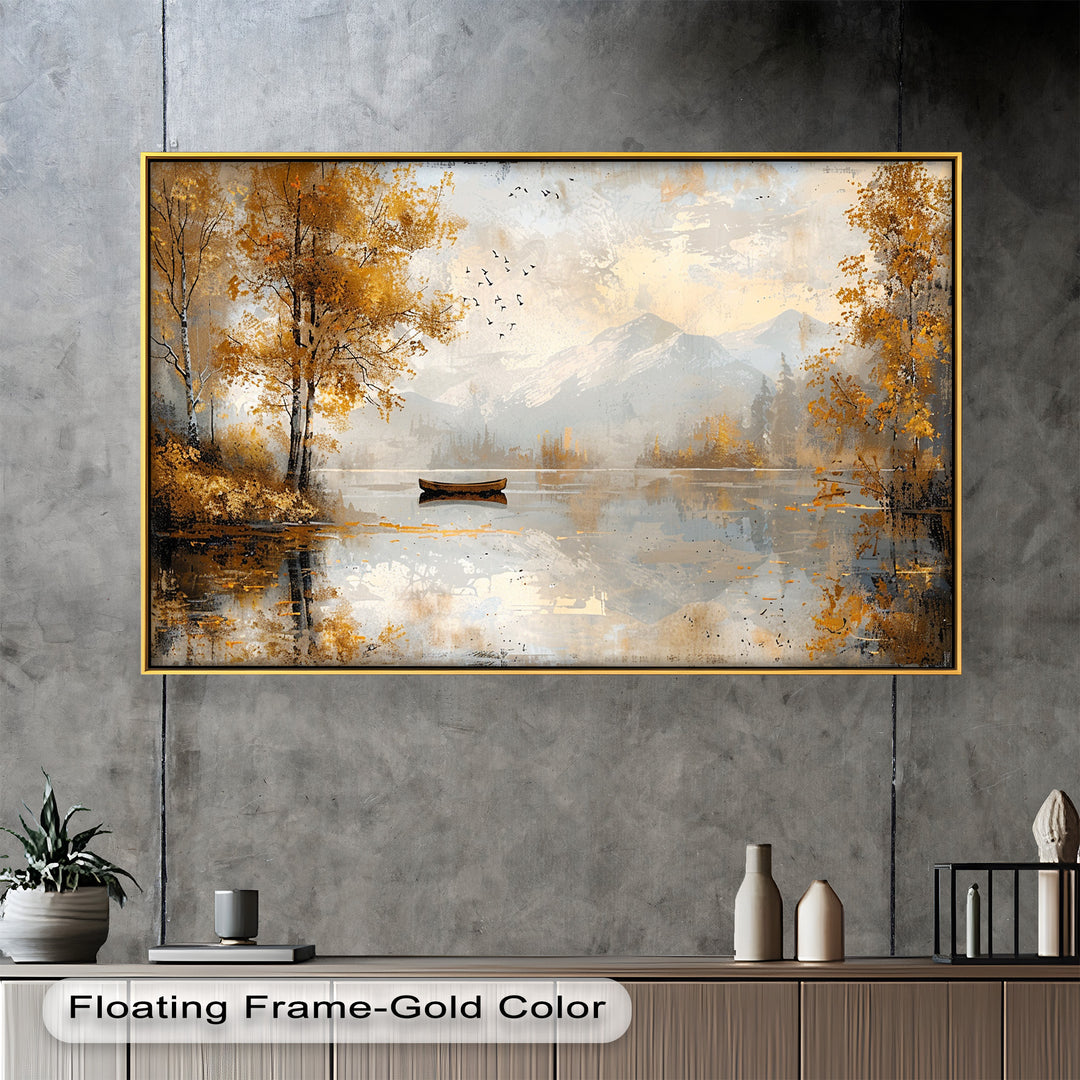 Golden autumn leaves frame a peaceful mountain lake, where a lone wooden boat drifts across the still waters, reflecting the warm hues of fall in this serene landscape painting.