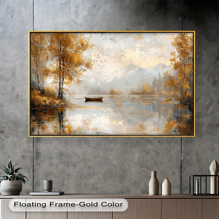 Golden autumn leaves frame a peaceful mountain lake, where a lone wooden boat drifts across the still waters, reflecting the warm hues of fall in this serene landscape painting.