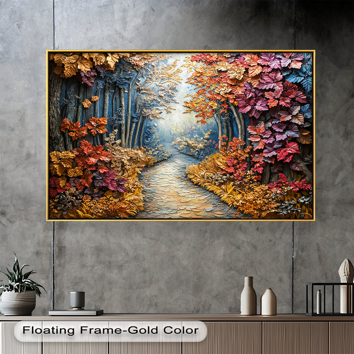 A beautifully detailed embossed-style artwork capturing a serene forest trail with cascading fall leaves, blending rich earthy hues with soft, glowing light.