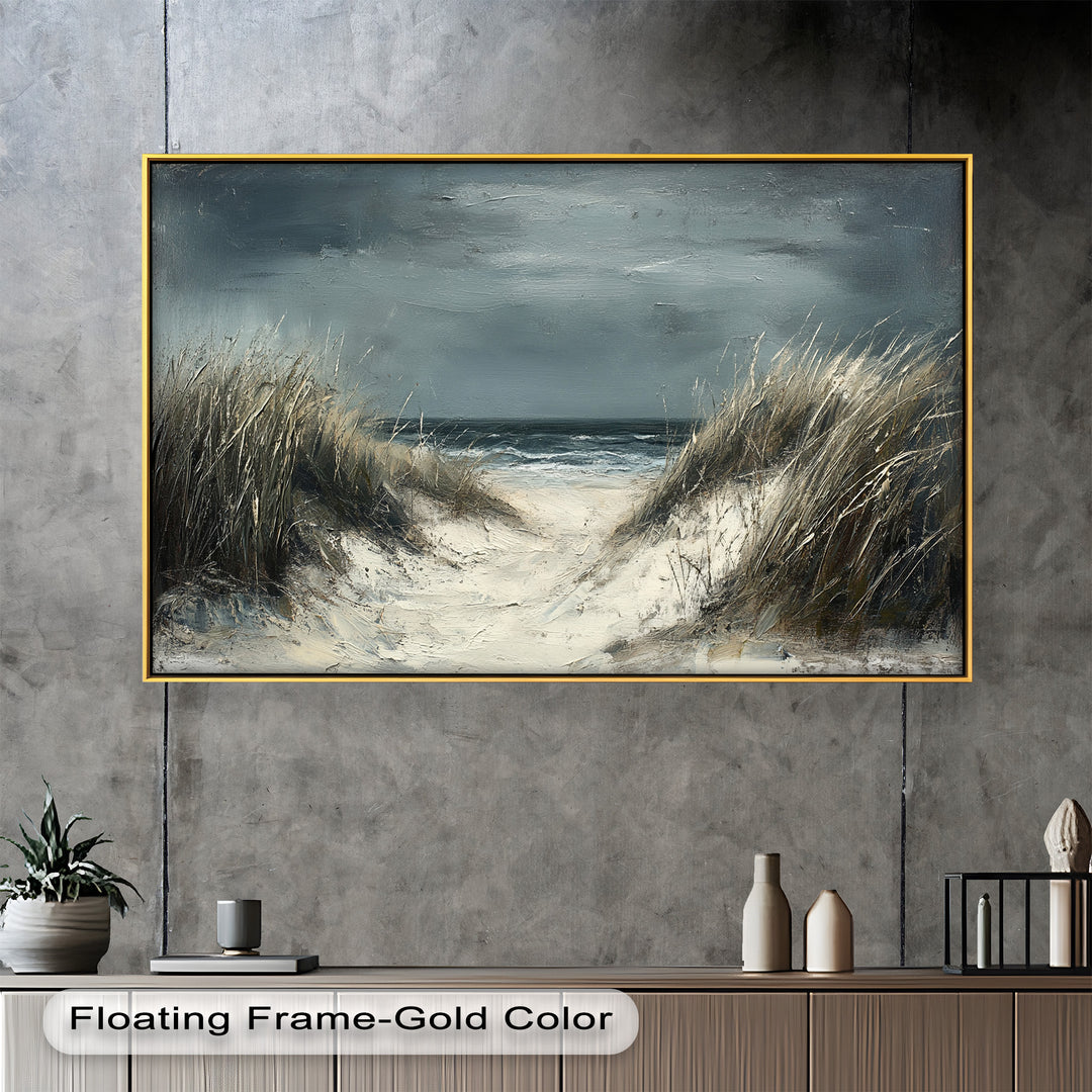 This atmospheric painting captures a quiet path through windswept dunes leading to a moody, gray seascape under stormy skies.