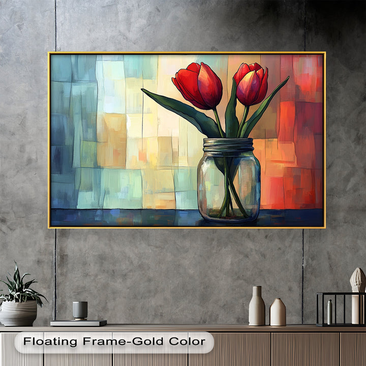 Red and Orange Tulips in Glass Vase – Bold Floral Oil Painting