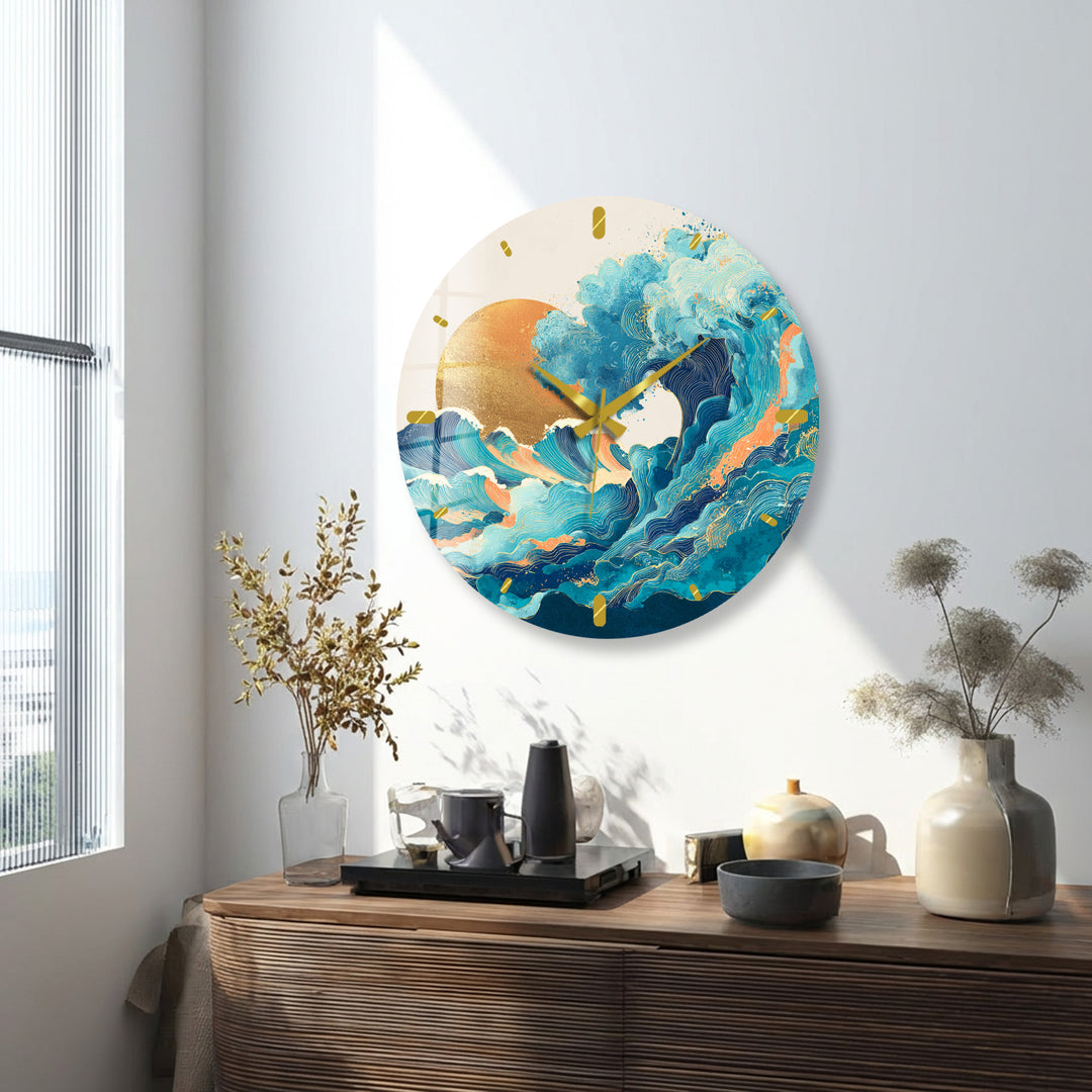 Japanese Wave Glass Wall Clock – Blue Ocean Sunset Art Decor