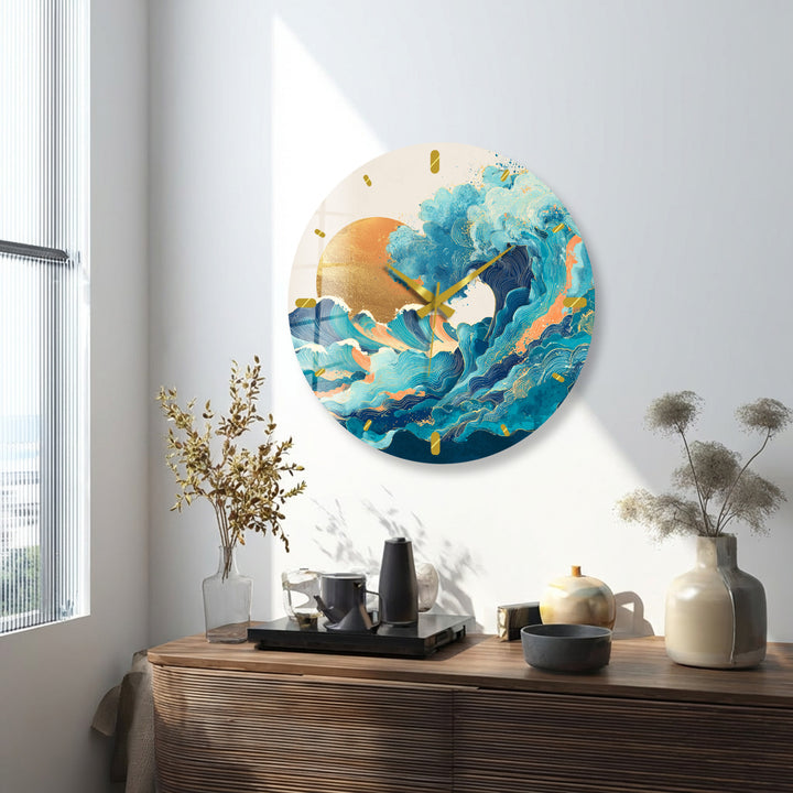 Japanese Wave Glass Wall Clock – Blue Ocean Sunset Art Decor