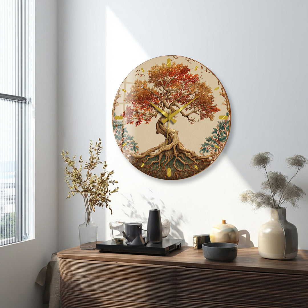 Autumn Tree of Life Glass Wall Clock – Rustic Fall Decor