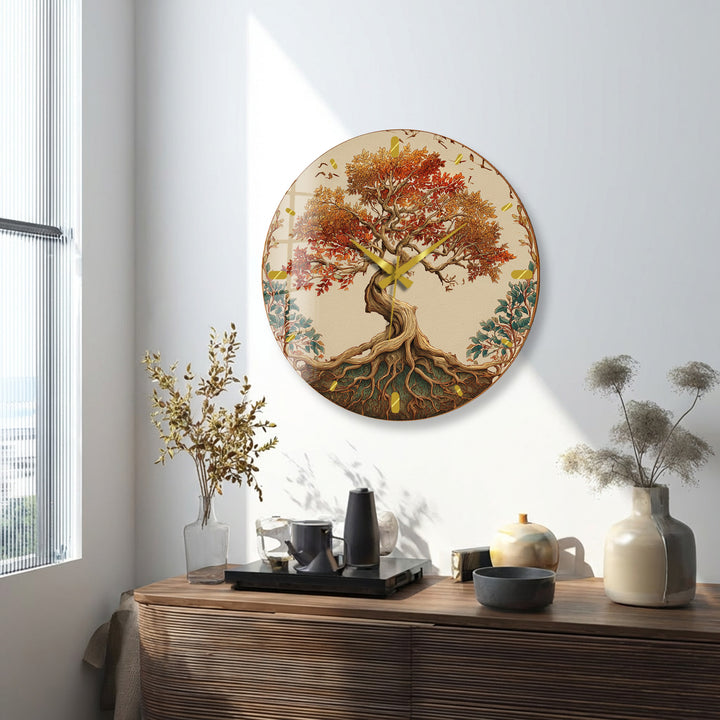 Autumn Tree of Life Glass Wall Clock – Rustic Fall Decor