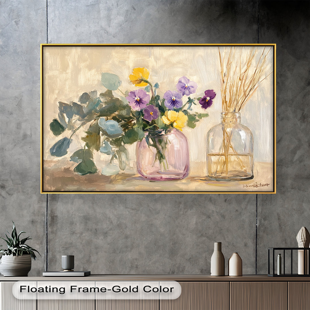 A delicate still-life painting captures the charm of fresh violets and golden blossoms arranged in a soft pink glass vase, paired with a rustic jar filled with dried wheat.