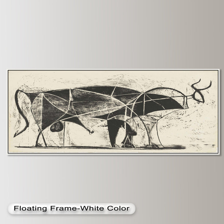 A minimalist and deconstructed representation of bulls in motion, created with dynamic curves and fragmented planes.