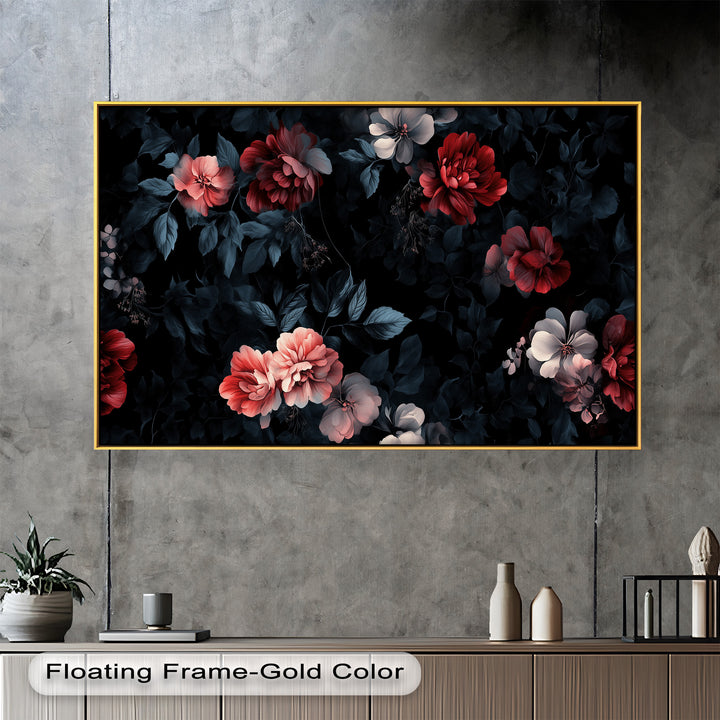A moody botanical artwork with glowing flowers softly illuminated against a deep black background filled with lush, dark leaves.