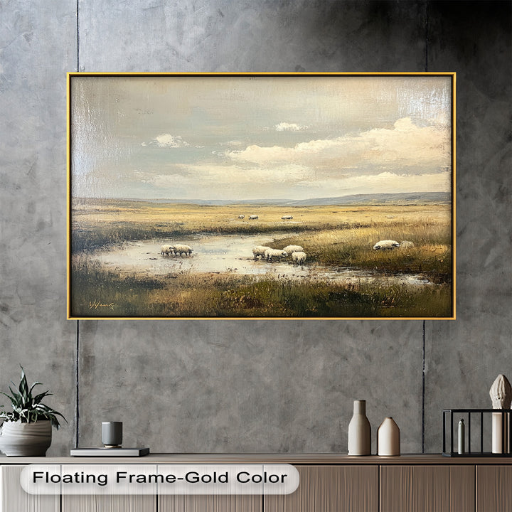 This stunning oil painting transports you to a peaceful countryside, where sheep graze near a quiet pond under a vast sky. A perfect framed wall art piece for nature lovers and those who appreciate rustic charm.

