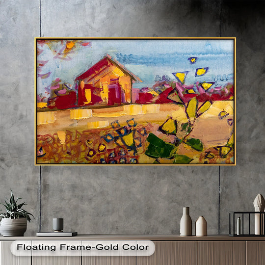 Evoking the mood of a bright afternoon, this impressionist oil painting decoration features a sunlit homestead with expressive brushstrokes and rich, warm colors.