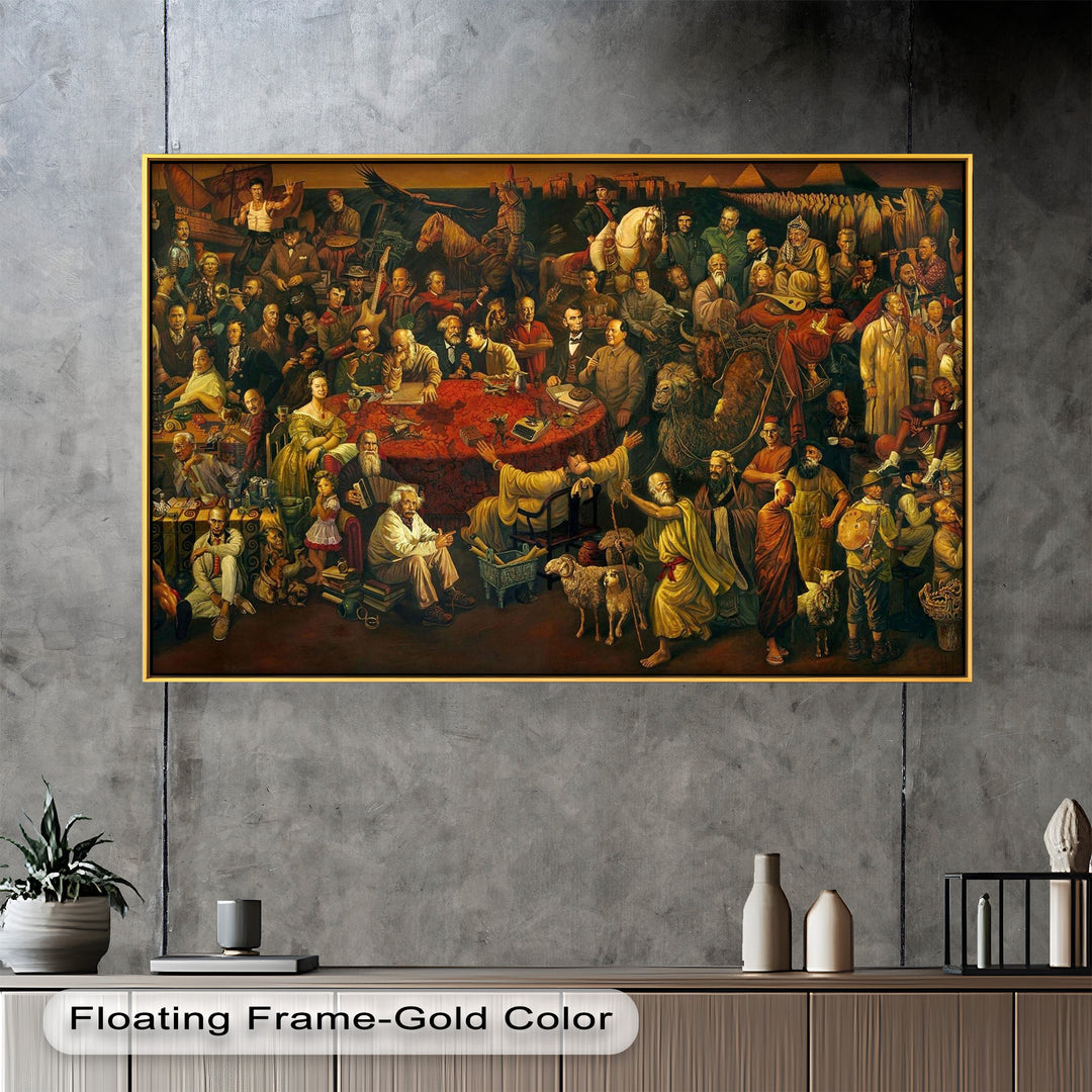 A panoramic tableau that brings together iconic figures from history, mythology, and religion, interacting in a unified scene.
