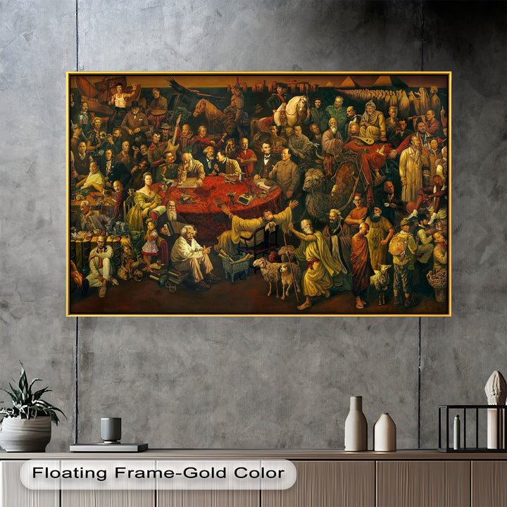 A panoramic tableau that brings together iconic figures from history, mythology, and religion, interacting in a unified scene.