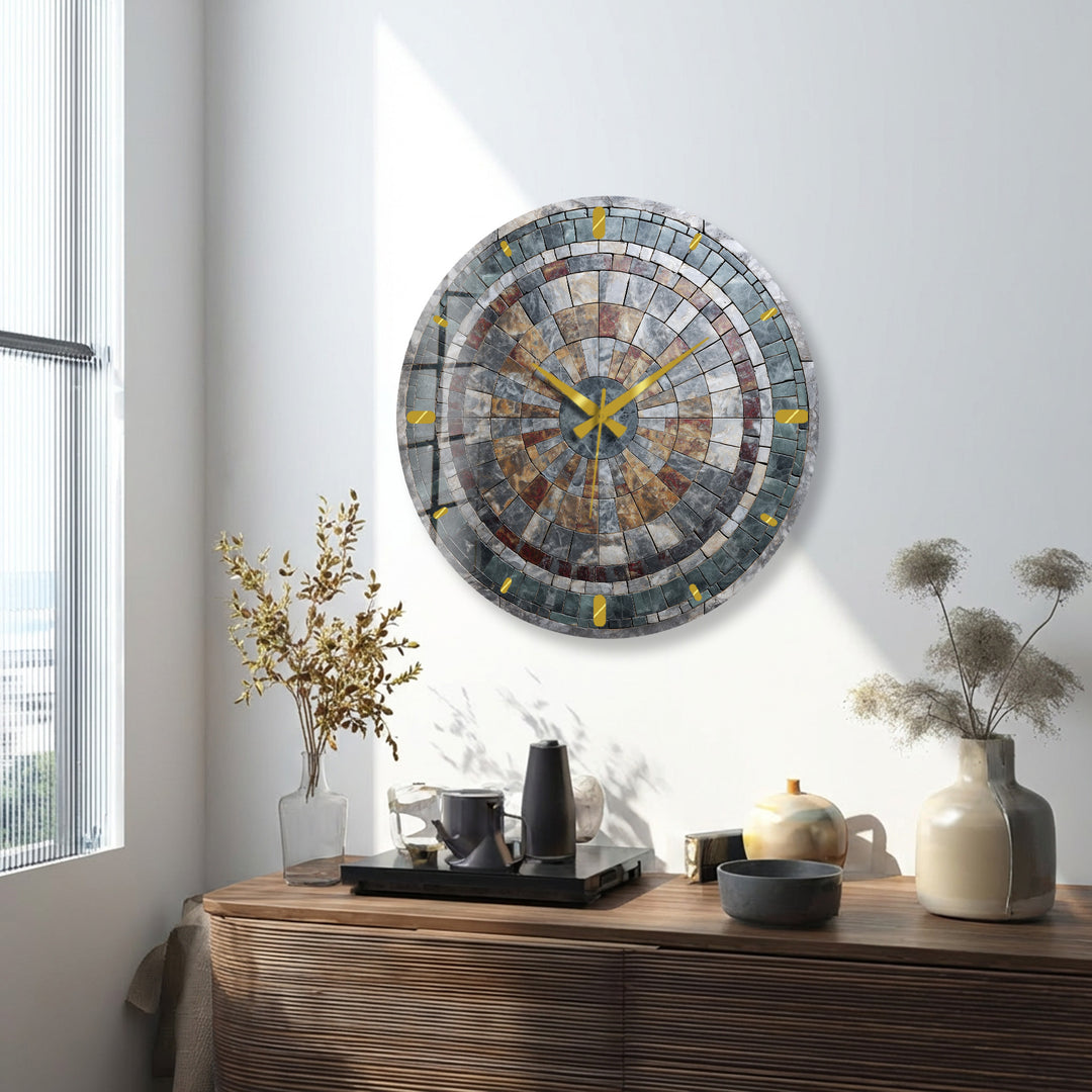Stone Mosaic Glass Wall Clock – Rustic Geometric Decor