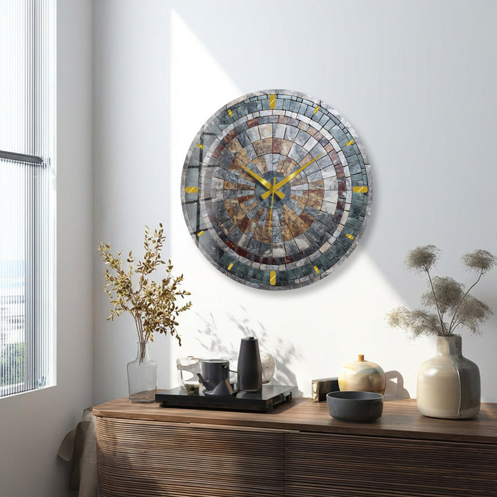 Stone Mosaic Glass Wall Clock – Rustic Geometric Decor