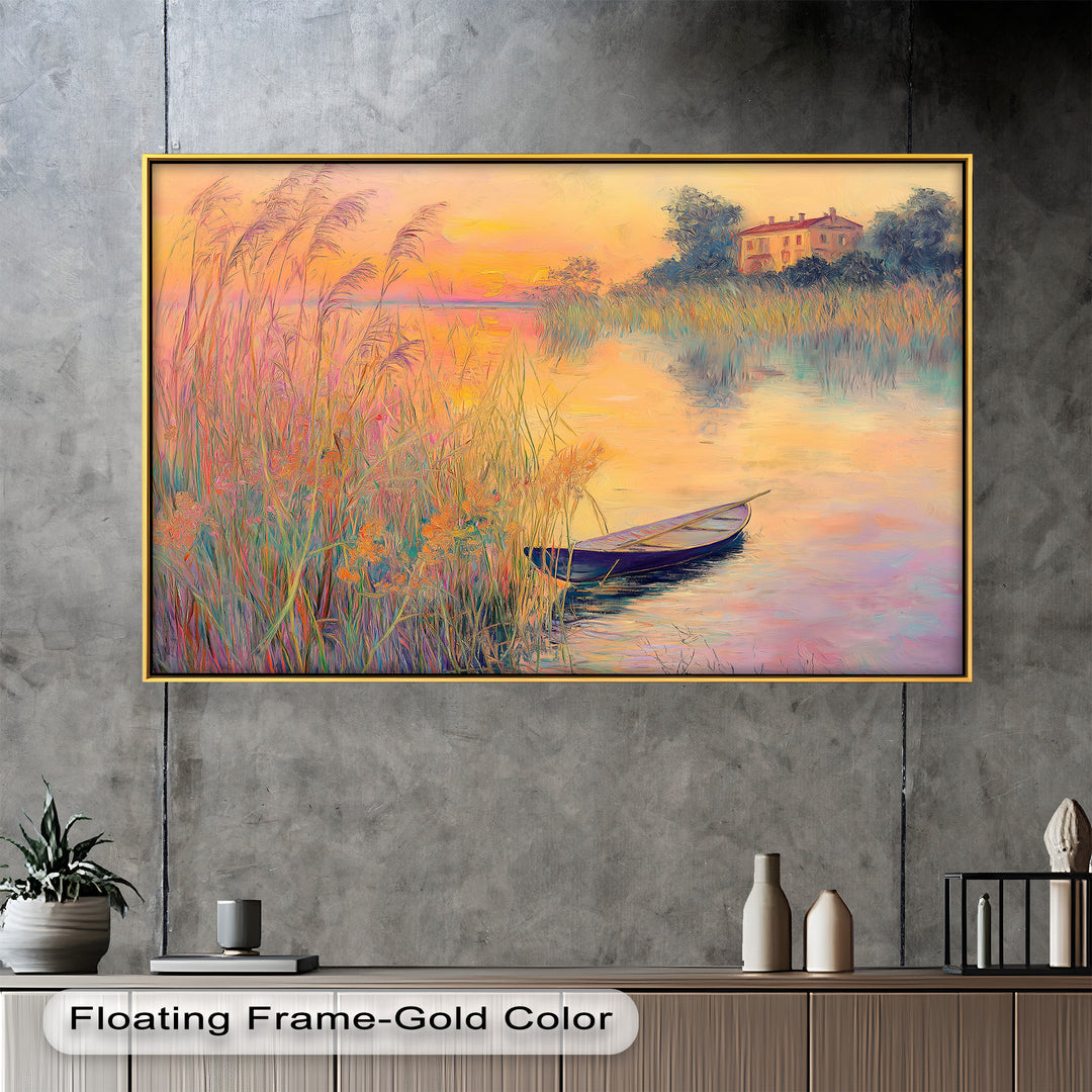 Golden Reeds and Sunset Rowboat – Impressionist Oil Painting