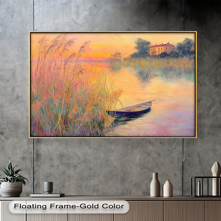 Golden Reeds and Sunset Rowboat – Impressionist Oil Painting