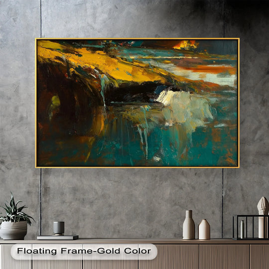 Focal point view of the 'Molten Descent' abstract oil painting featuring expressive earth tones that enriches oil painting home decor.