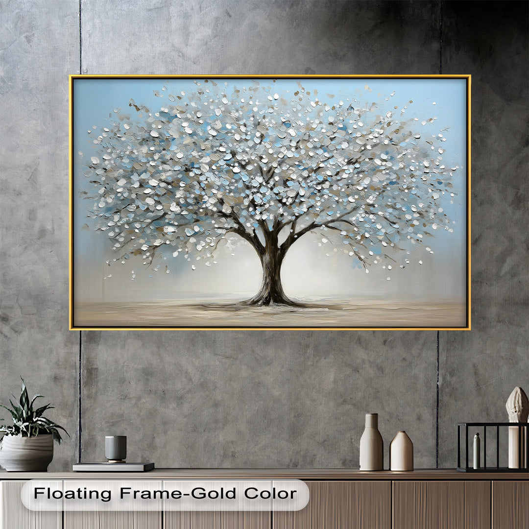 This breathtaking oil painting captures the essence of tranquility with its delicate blossoms set against a soft blue and neutral-toned background. The textured brushstrokes and abstract detailing make this tree artwork a sophisticated and timeless addition to any modern or classic décor.

