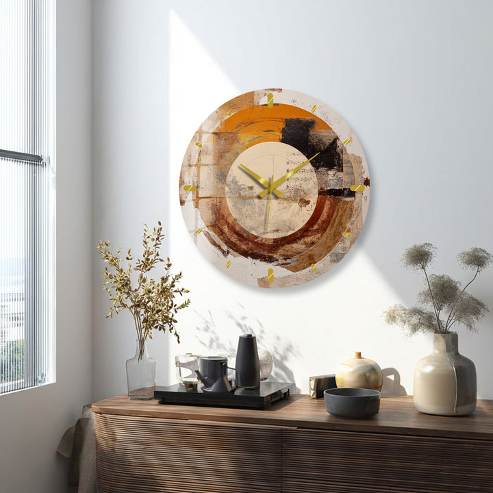 Neutral Abstract Glass Wall Clock – Earth Tone Circle Art