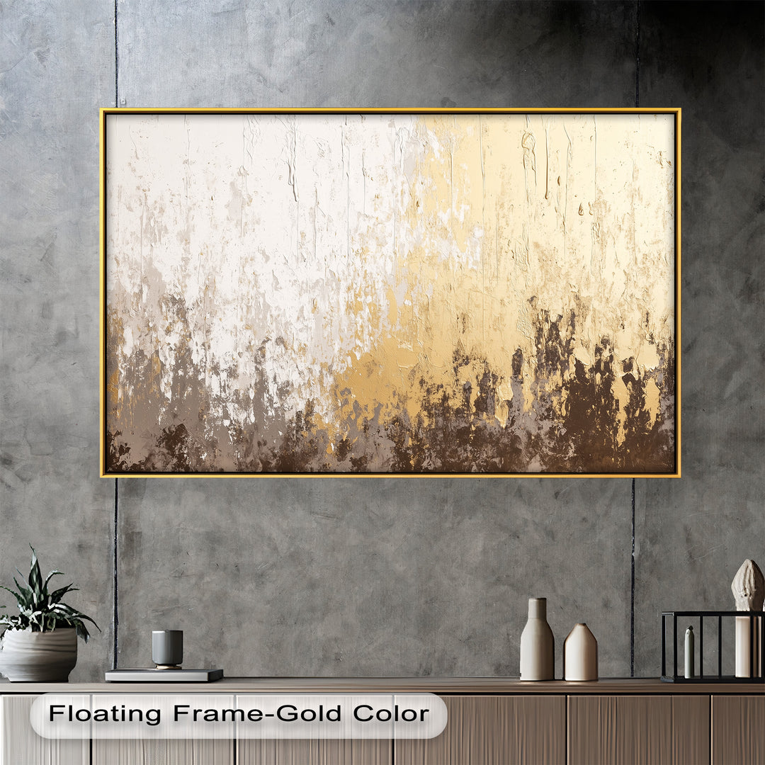 A stylish and refined abstract painting showcasing a distressed, metallic-like texture with warm earthy tones and a luxurious gold accent.


