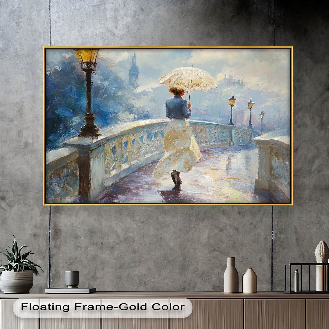 Woman with Umbrella on Cobblestone Bridge – Oil Painting