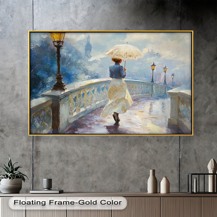 Woman with Umbrella on Cobblestone Bridge – Oil Painting