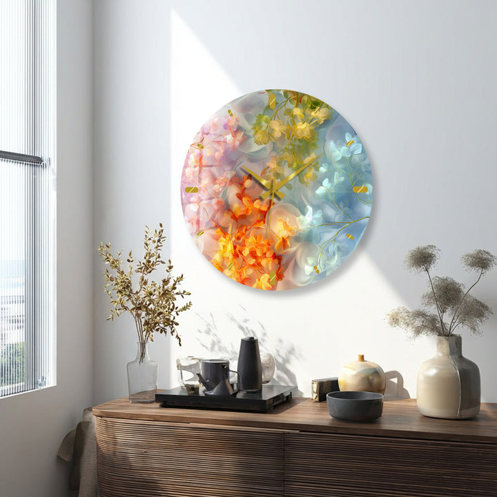 Pastel Floral Glass Wall Clock – Dreamy Botanical Decor