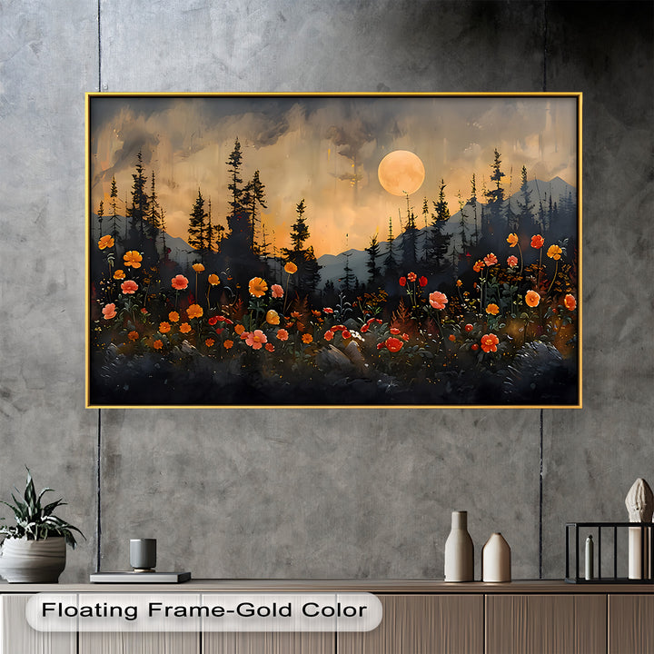 Moonlit Forest Landscape - Framed Floral Oil Painting